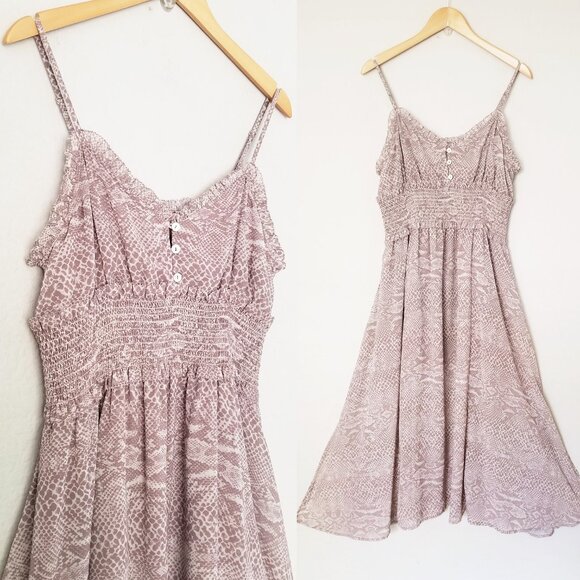 Cleobella Ruffle Trim Smocked Waist Midi Dress L Sleeveless Python Snake Slits - Picture 4 of 14